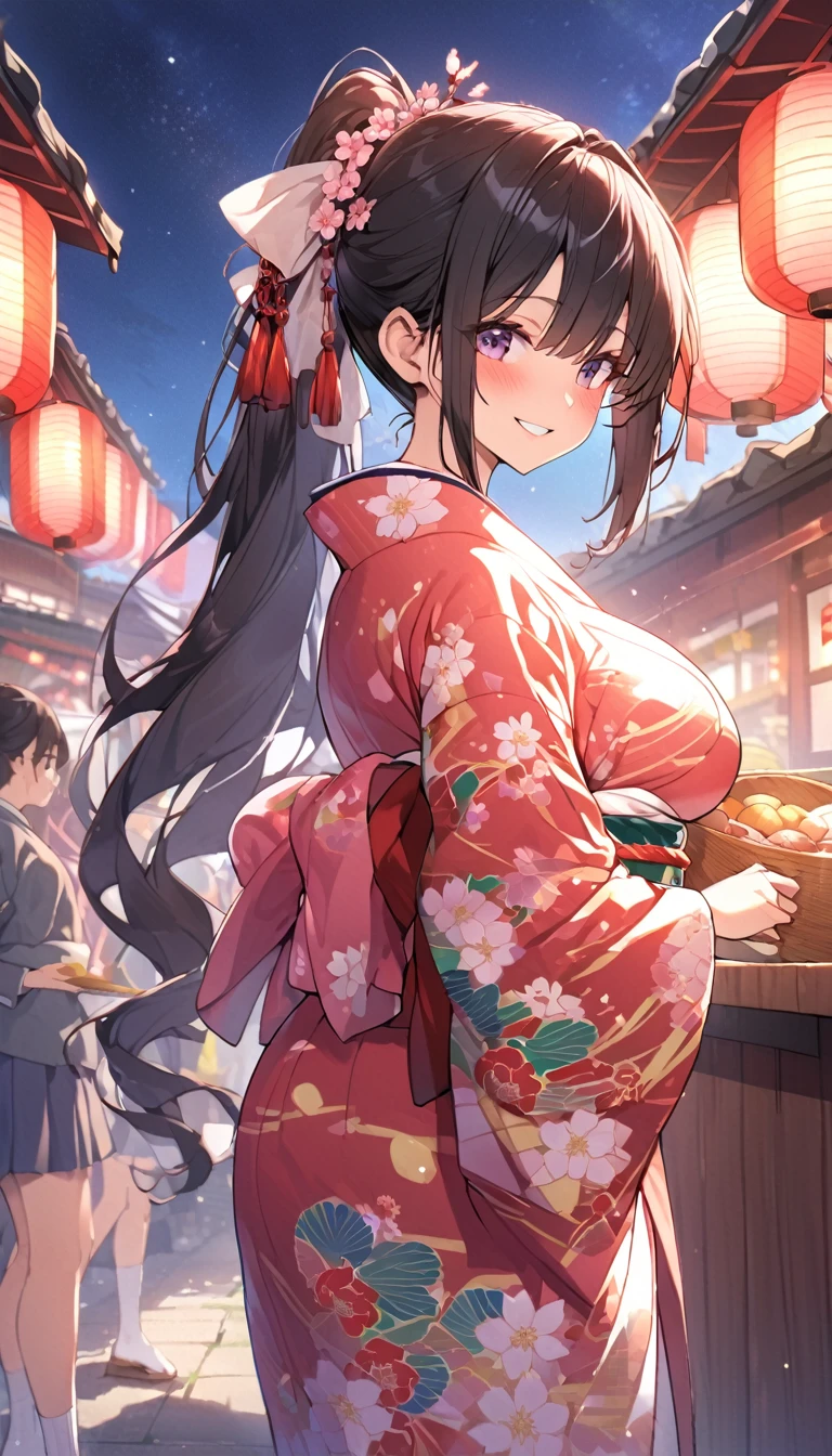 One Woman、beautiful girl、night、nightcherry blossoms、kimono、Beautiful patterned kimono、ponytail、Waraji、School、Back of the school building、spring、cherry blossoms々、はためくcherry blossomsの花びら、Long Hair、Highest quality、Ultra HD、Black Hair、smile、8 heads、White tabi socks、Japanese Umbrella、smile、Cowboy Shot、festival、Many food stalls、Beautiful views、Turn your body forward、Accentuate your breasts、Entire body facing forward、Send a love letter to the audience