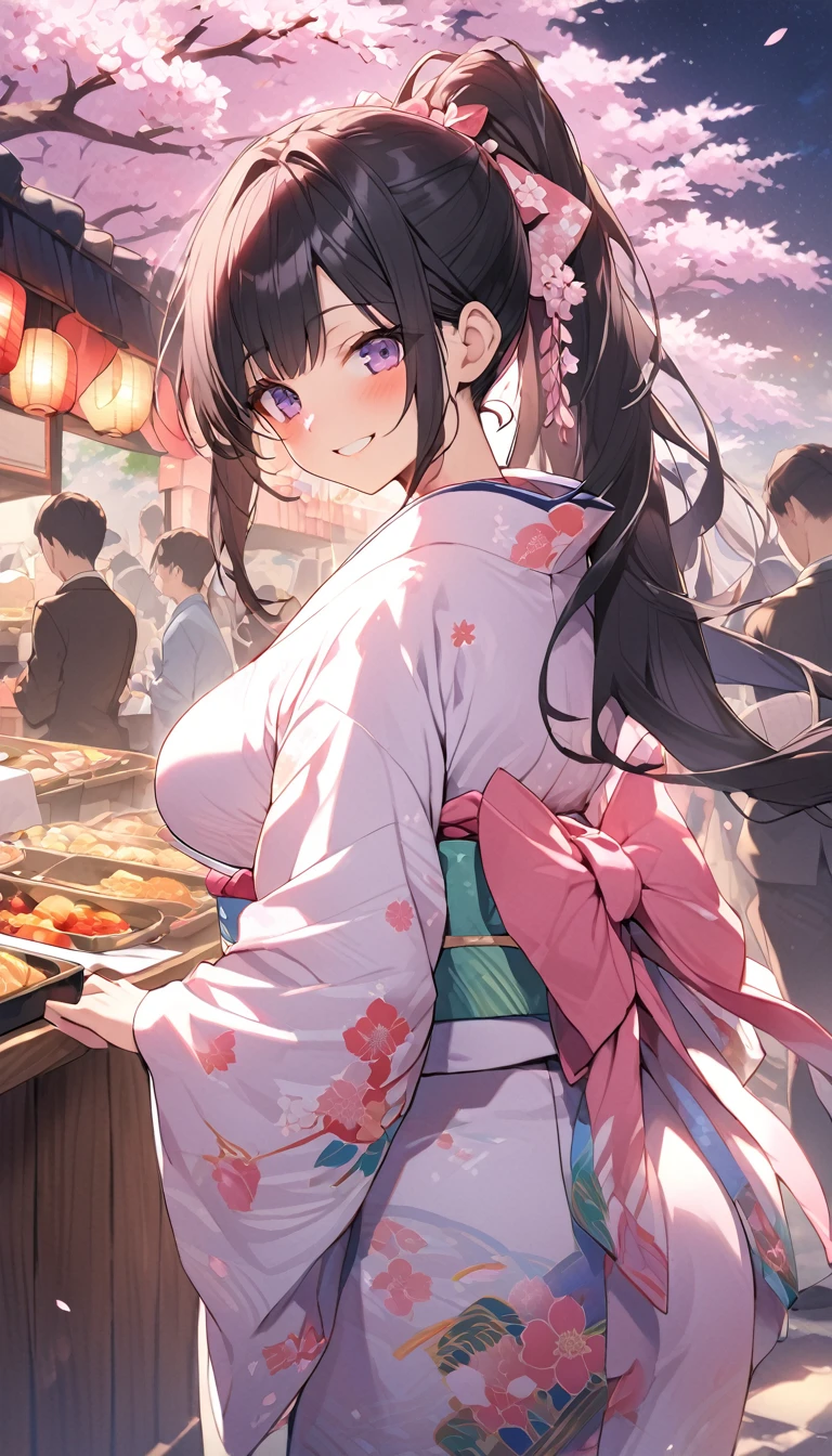 One Woman、beautiful girl、night、nightcherry blossoms、kimono、Beautiful patterned kimono、ponytail、Waraji、School、Back of the school building、spring、cherry blossoms々、はためくcherry blossomsの花びら、Long Hair、Highest quality、Ultra HD、Black Hair、smile、8 heads、White tabi socks、Japanese Umbrella、smile、Cowboy Shot、festival、Many food stalls、Beautiful views、Turn your body forward、Accentuate your breasts、Entire body facing forward、Send a love letter to the audience