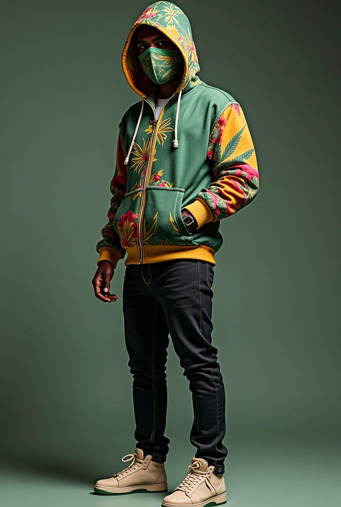 design a 3D luxury hoodie that when you zip it all the way up its a skimask. The design of the mask when the hoodie is zipped up is a colorful exotic indica strain.The hoodie has inside pockets for hiding things. Thus should be vibrant stoner colors. Design matching jeans and shoes to go with the hoodie. design a matching watch. This should be a luxury outfit, expensive cannabis lore. The l.i.f.t. clothing logo should be on the clothes. taylor clothes to african american men