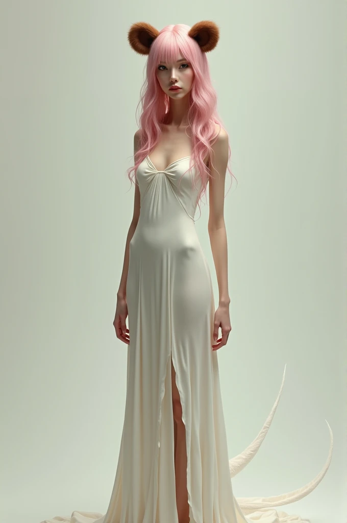 a tall, thin woman, dressed in a long white dress with pink hair and brown bear ears and tail