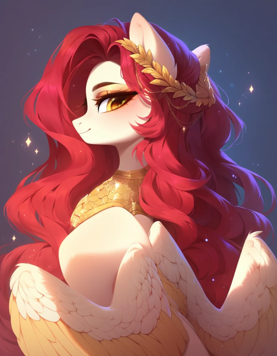 (work of art, Maximum quality, best qualityer, offcial art, beautiful and aesthetic:1.2), A pony with a long red mane, long straight red hair, Caucasian skin, gold eyes, pegasus wings.
