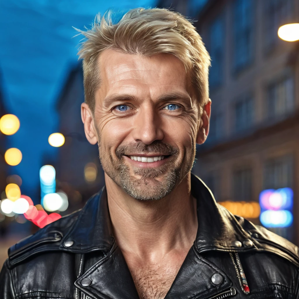 Front face view one handsome and very attractive for women over forty-four years old slavic face man with gray-blue eyes and blond short haircut, sexy hairy chest, man is wearing biker black jacket, man is looking sexy has hairy sexy chest and smiles doomy, , professional lights, hyperrealistic photo, high details, cinematic, cyberpunk street with buildings background