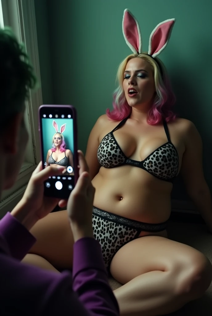 Cinematic image filmed from below of the Joker taking a picture with a cell phone of Harley Quinn with a bunny ear headband and colored hair in leopard print lace lingerie she is sitting with her legs wide open and pressing her chest and showing her tongue and zooming in on her panties with a large vagina escaping and thick thighs and the Joker is taking a picture of her panties with a cell phone 