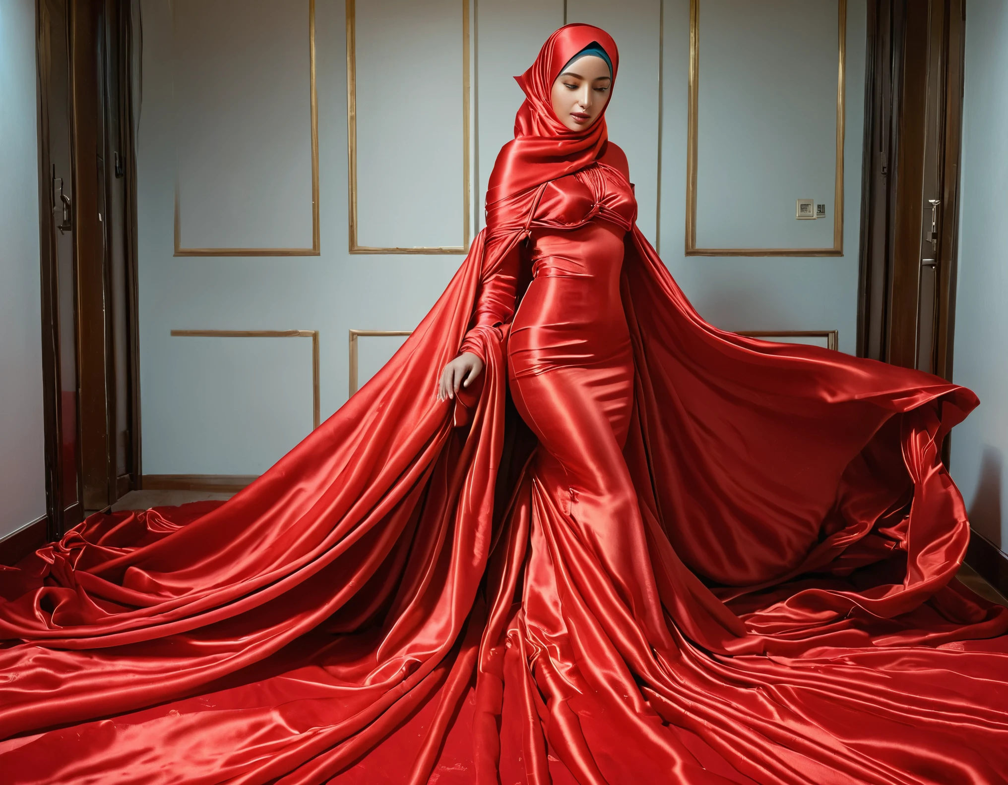 A woman shrouded in a 4-meter-long, plush red satin cloth, tightly bound and grandly draping along the form of her body, flowing off into a pooled floor-length train, styled in a mermaid-inspired outfit, her head modestly veiled in a satin hijab, tall woman, in satin room, a full-body pose conveying a sense of mysterious elegance, captured in a 4k resolution, ultra-realistic