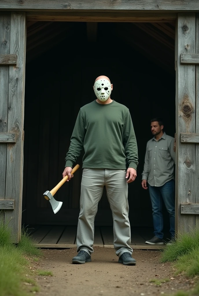 Full view of a typical American wooden barn with a 1 year old bald man.90 tall man in the entrance wearing a white hockey mask with some holes in the cheeks, green long sleeve shirt, light grey cloth pants and black shoes, and in his hands he carries an axe while he watches another man dressed in a light shirt and jeans