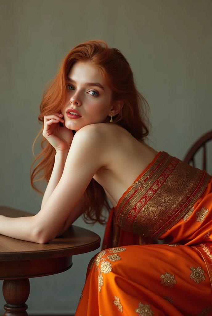 Russian girl in indian saari age 22 on table self kiss
