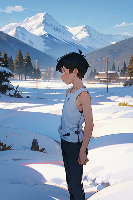 Snowy mountains in the background、An elementary school boy standing wearing a tight white Y-back tank top