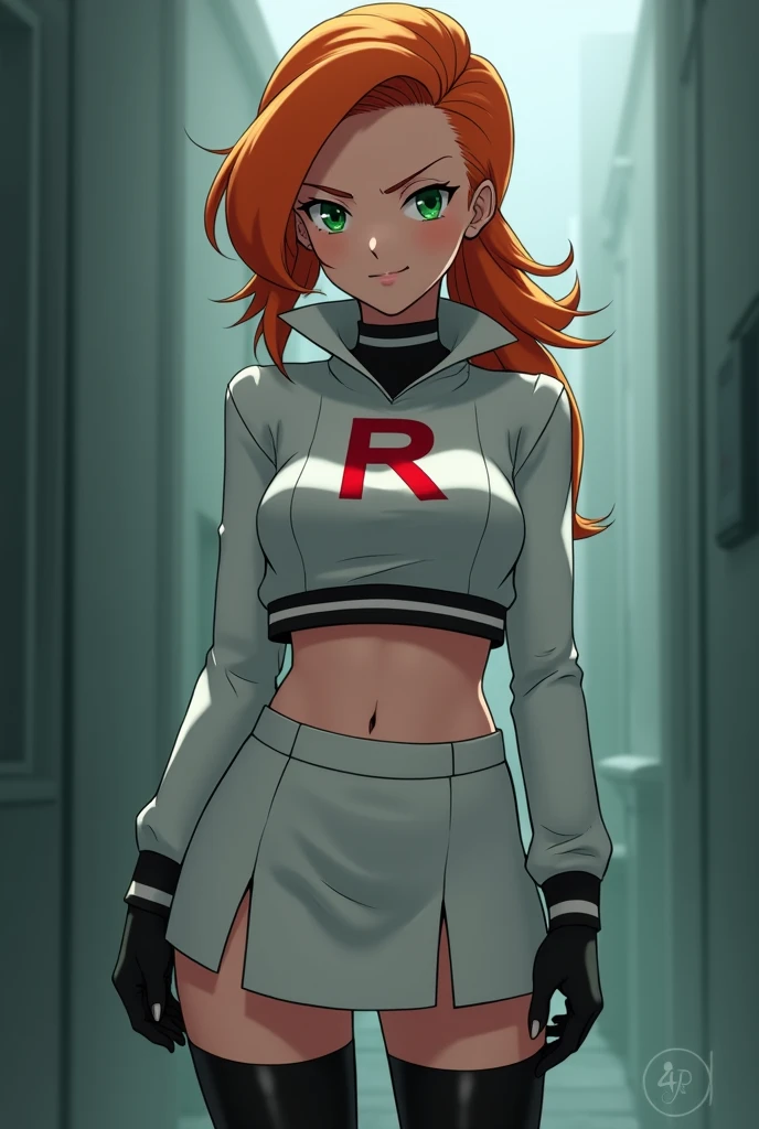 Wallpaper,masterpiece,High resolution,8K,Detailed anatomy
(Misty_Pokemon)(1 18-year-old girl)
(Orange Hair,one side up hair,Big green eyes)
(rocket,team rocket uniform, red letter R, white skirt,white crop top,black thigh-highs