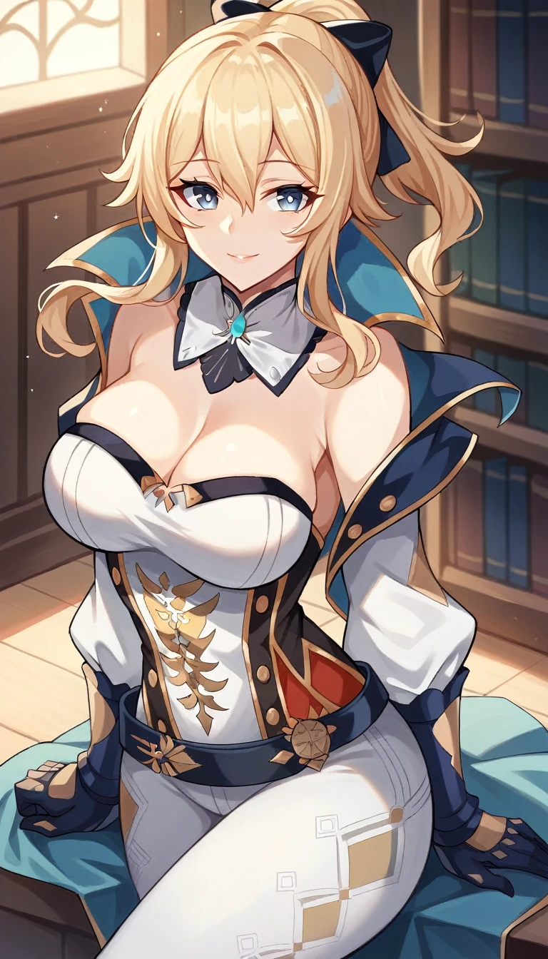 Blonde hair, blue eyes, pelvic curtain, sexy outfit, open stomach, adventurous outfit, masterpiece,  thick thighs, big breasts, :D, big belly, small crown, best quality, massive breasts, chubby, breast curtains