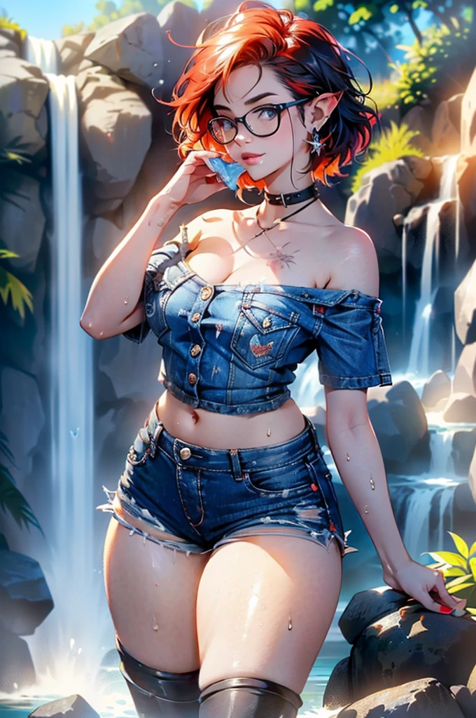 (large breasts 1.4), beautiful elf woman, ((Short Red Hair: 1.6, straight with shine)), bright blue eyes, bright eyes, double eyelids, light effect on eyes, detailed irises, sexy, curvy body, glasses,(( off the shoulder black tee shirt no logo or words: 1.6, choker, tiny denim shorts, black high heels, legs exposed,)) ((micro denim shorts, edgy sexy, Beautiful and cool, shorts)), ((Wet Clothes)) ((work of art, hyper-realistic, hyper detailed, Best quality, 16k, light and shadow on skin, vivid colors), eyeliner, Thin eyebrows, Sensual expression, perfect lips, sexy mature face, ((skin with light and shadow) flirting seductively with the viewer, lots of freckles, full lips, extreme blush, smile, ((standing under a waterfall, washing hair)), daytime, noon, rays of light, masterpiece, ((Hands washing hair: 1.6, biting lower lip)) ((View from side)),