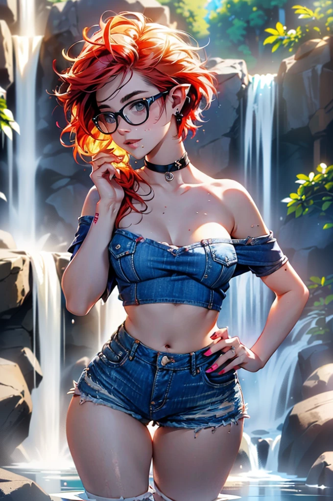 (large breasts 1.4), beautiful elf woman, ((Short Red Hair: 1.6, straight with shine)), bright blue eyes, bright eyes, double eyelids, light effect on eyes, detailed irises, sexy, curvy body, glasses,(( off the shoulder black tee shirt no logo or words: 1.6, choker, tiny denim shorts, black high heels, legs exposed,)) ((micro denim shorts, edgy sexy, Beautiful and cool, shorts)), ((Wet Clothes)) ((work of art, hyper-realistic, hyper detailed, Best quality, 16k, light and shadow on skin, vivid colors), eyeliner, Thin eyebrows, Sensual expression, perfect lips, sexy mature face, ((skin with light and shadow) flirting seductively with the viewer, lots of freckles, full lips, extreme blush, smile, ((standing under a waterfall, washing hair)), daytime, noon, rays of light, masterpiece, ((Hands washing hair: 1.6, biting lower lip)) ((View from side)),