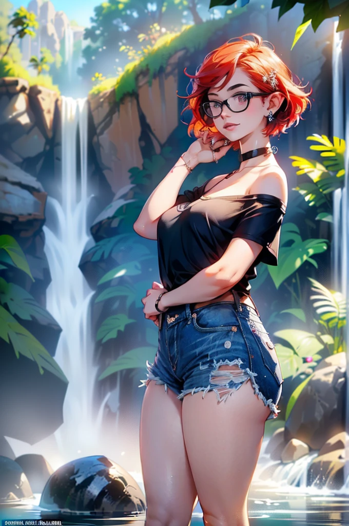 (large 1.4), beautiful elf woman, ((Short Red Hair: 1.6, straight with shine)), bright blue eyes, bright eyes, double eyelids, light effect on eyes, detailed irises, sexy, cy body, glasses,(( off the shoulder black tee shirt no logo or words: 1.6, choker, tiny denim shorts, black high heels, legs exposed,)) ((micro denim shorts, edgy sexy, Beauul and cool, shorts)), ((Wet Clothes)) ((work of art, hyper-realistic, hyper detailed, Best quality, 16k, light and shadow on skin, vivid colors), eyeliner, Thin eyebrows, Sensual expression, perfect lips, sexy mature f, ((sth light and shadow) flirting seductively with the viewer, lots of freckles, full lips, extreme blush, smile, ((standing under a waterfall, washing hair)), daytime, noon, rays of light, masterpiece, ((Hands washing hair: 1.6, biting lower lip)) ((View from side)),