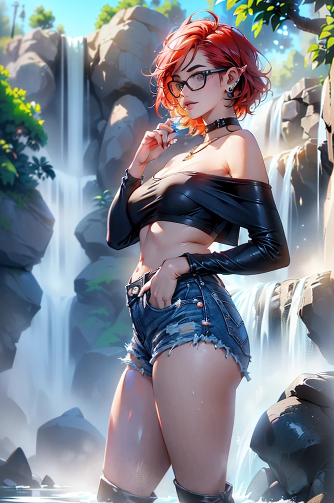 
(large breasts 1.4), beautiful elf woman, ((Short Red Hair: 1.6, straight with shine)), bright blue eyes, bright eyes, double eyelids, light effect on eyes, detailed irises, sexy, curvy body, glasses,(( off the shoulder black tee shirt no logo or words: 1.6, choker, tiny denim shorts, black high heels, legs exposed,)) ((micro denim shorts, edgy sexy, Beautiful and cool, shorts)), ((Wet Clothes)) ((work of art, hyper-realistic, hyper detailed, Best quality, 16k, light and shadow on skin, vivid colors), eyeliner, Thin eyebrows, Sensual expression, perfect lips, sexy mature face, ((skin with light and shadow) flirting seductively with the viewer, lots of freckles, full lips, extreme blush, smile, ((standing under a waterfall, washing hair)), daytime, noon, rays of light, masterpiece, ((Hands washing hair: 1.6, biting lower lip)) ((View from side)),