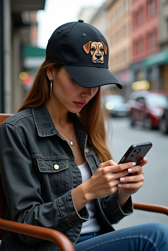 American woman wearing a black Canvas baseball cap with embroidered dog head pattern sitting on a chair on the streetrunway, looking down at the phone