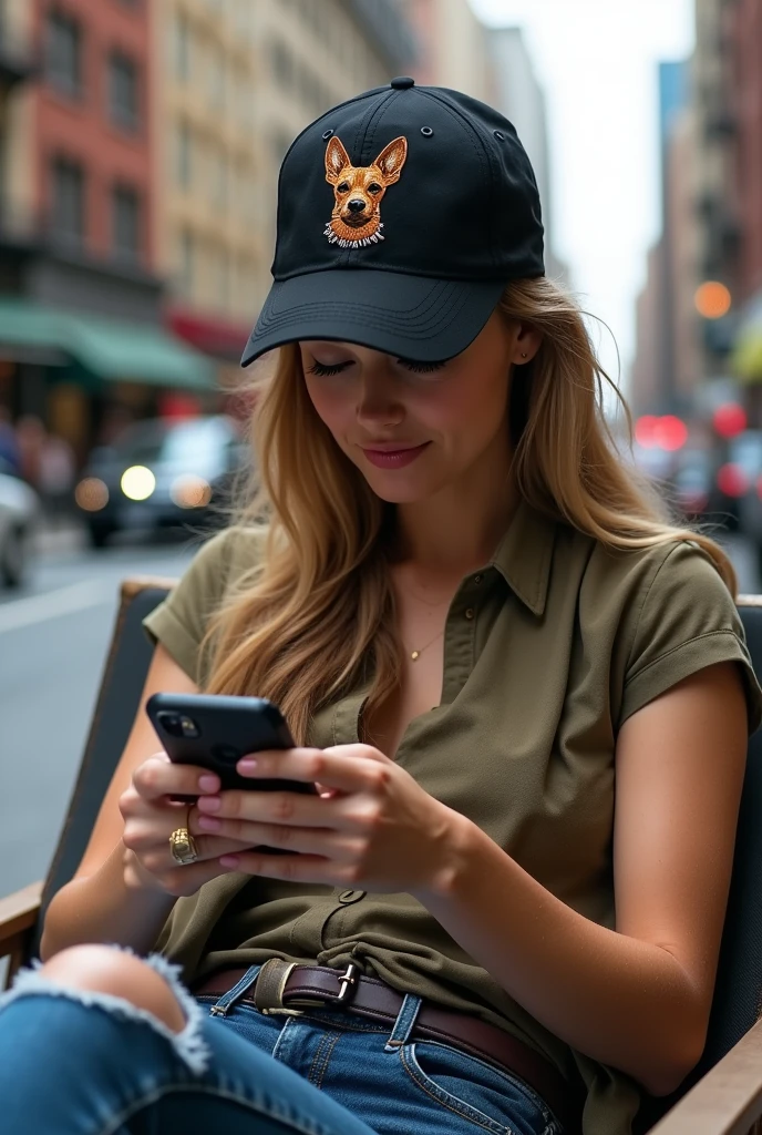 American woman wearing a black Canvas baseball cap with embroidered dog head pattern sitting on a chair on the streetrunway, looking down at the phone