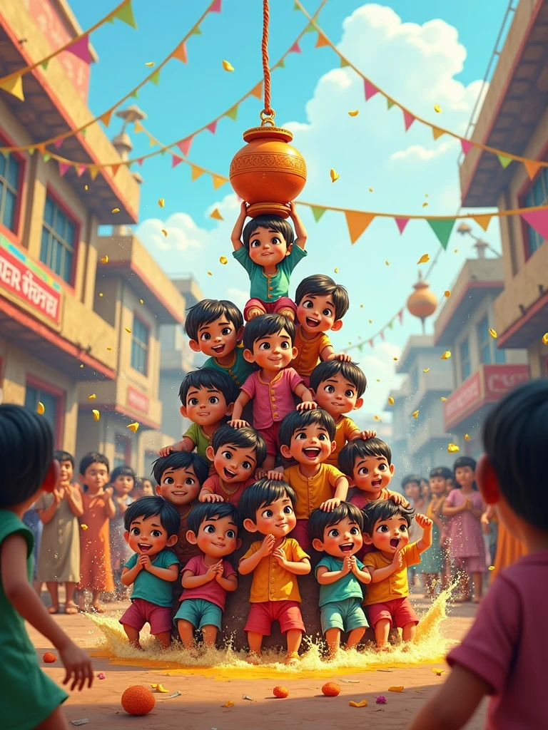 Create a vibrant sketch of the Dahi Handi festival, capturing the excitement and energy of the event. The scene should feature a cute small kid pyramid of enthusiastic participants, with cute small kid climbing on each other's shoulders to reach a clay pot (handi) suspended high above. The setting is a crowded street in an Indian town, filled with cheering onlookers, colorful decorations, and splashes of water in the air. Traditional attire, such as kurtas and turbans, should be worn by the participants, and the overall atmosphere should be festive and lively, reflecting the joyous spirit of the celebration