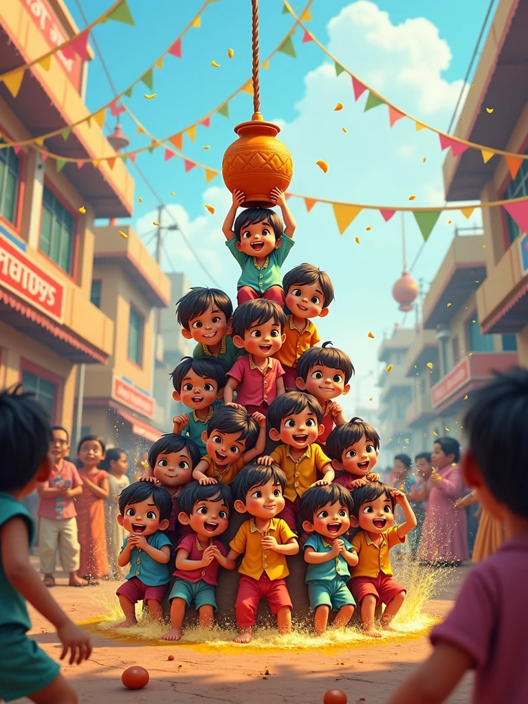 Create a vibrant sketch of the Dahi Handi festival, capturing the excitement and energy of the event. The scene should feature a cute small pyramid of enthusiastic participants, with cute small kidimbing on each other's shoulders to reach a clay pot (handi) suspended high above. The setting is a crowded street in an Indian town, filled with cheering onlookers, colorful decorations, and splashes of water in the air. Traditional attire, such as kurtas and turbans, should be worn by the participants, and the overall atmosphere should be festive and lively, reflecting the joyous spirit of the celebration