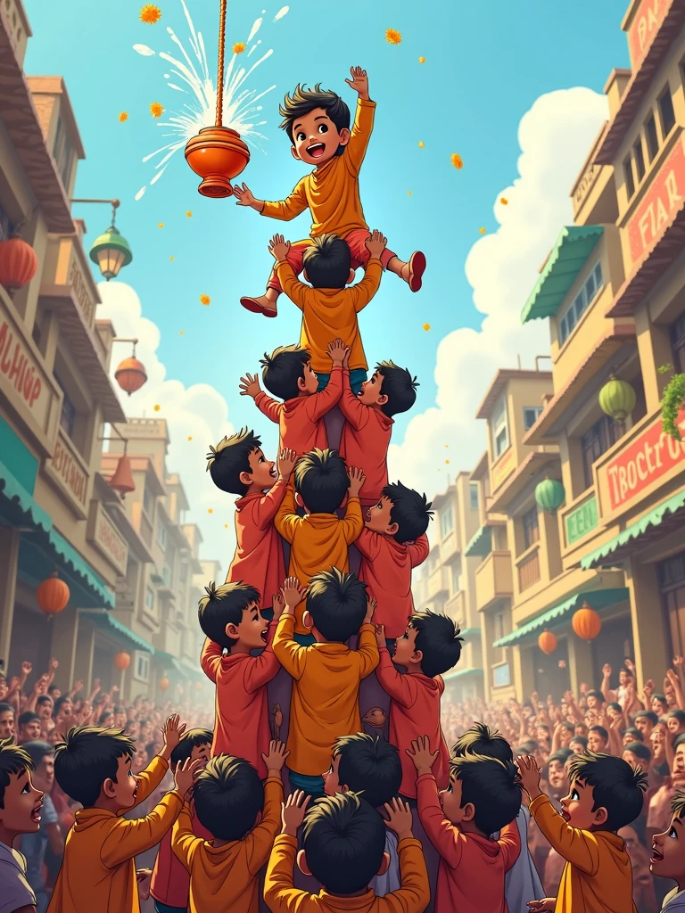Create a vibrant sketch of the Dahi Handi festival, capturing the excitement and energy of the event. The scene should feature a cute small ??? pyramid of enthusiastic participants, with cute small ??? climbing on each other's shoulders to reach a clay pot (handi) suspended high above. The setting is a crowded street in an Indian town, filled with cheering onlookers, colorful decorations, and splashes of water in the air. Traditional attire, such as kurtas and turbans, should be worn by the participants, and the overall atmosphere should be festive and lively, reflecting the joyous spirit of the celebration