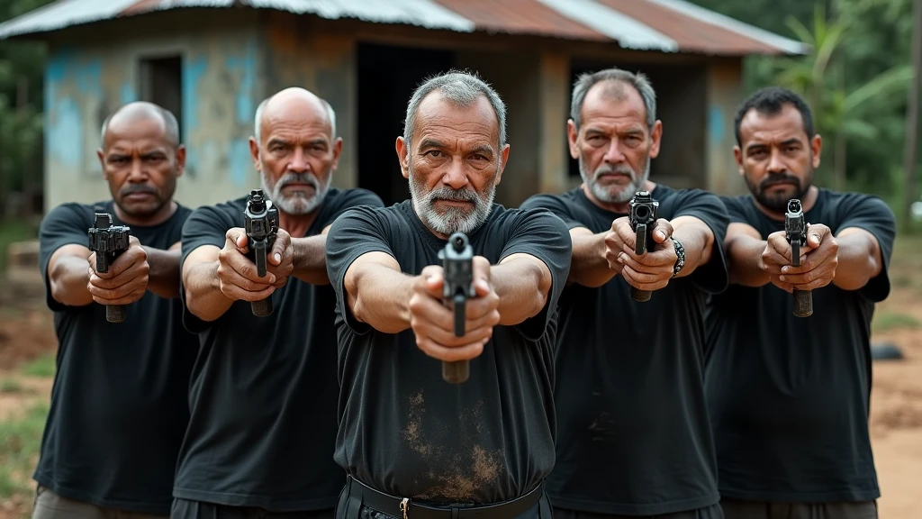 Five Thai men around 50years olds wearing old black cloths sitting nearby the old house and on their hand is holding guns looking from another 8k