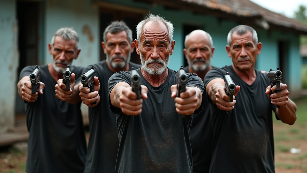 Five Thai men around 50years olds wearing old black cloths sitting nearby the old house and on their hand is holding guns looking from another 8k