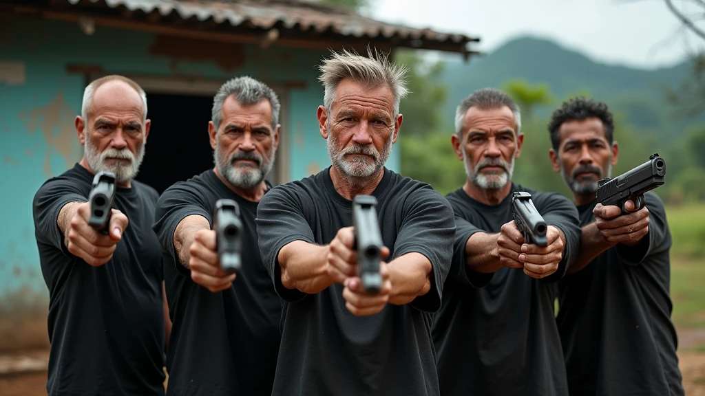 Five Thai men around 50years olds wearing old black cloths sitting nearby the old house and on their hand is holding guns looking from another 8k