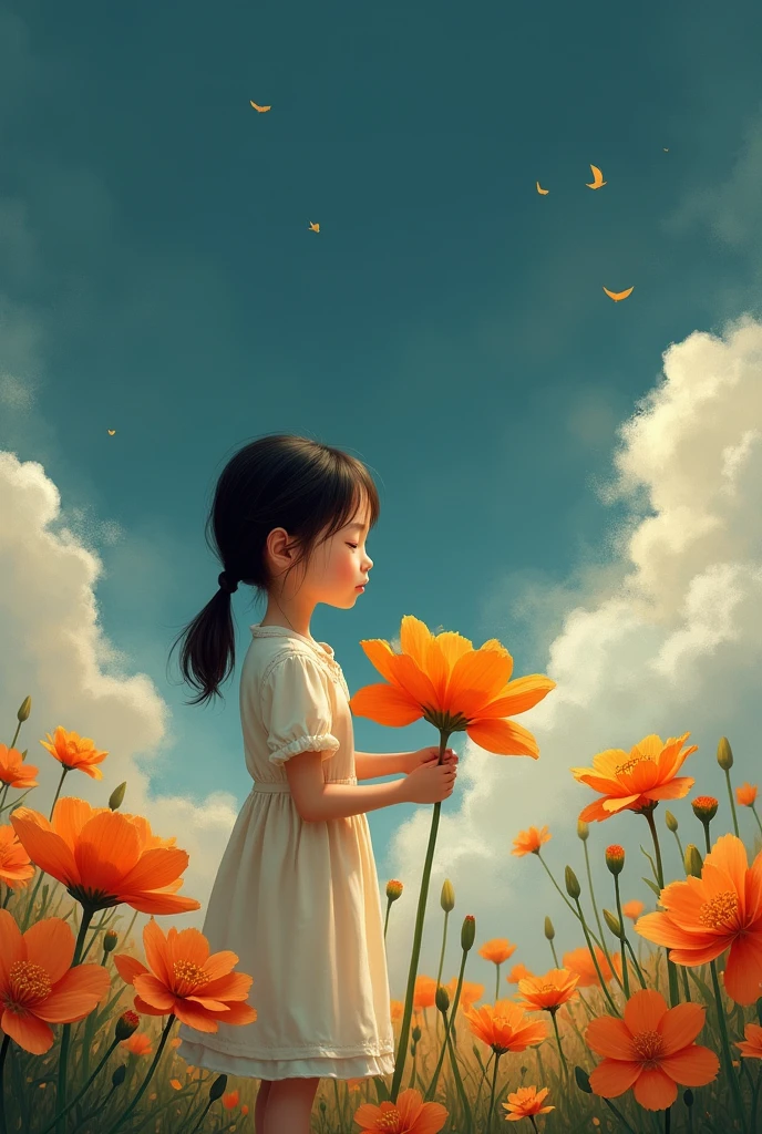 One girl is standing  at the orange flower garden, there is a big orange flower , she look, clouds in the sky  , dark blue sky and girl standing beside the flower, she hug the flower 