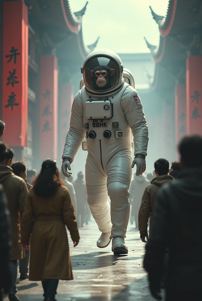 All people shocked at the big time travel capsule. Monkey wear astronaut suit white came out from the big capsule. timeline on the Chinese emperor .