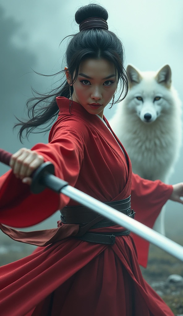 Mysterious Samurai Woman (Musashi Miyamoto) Swinging a long Japanese sword, Splitting apart with every strong blow、Shrouded in fog that obscures the view, Revealing vivid and surreal scenes, The blade's cut stands out clearly against the blurry background., Mysterious background, The sharp gaze of the white fox meets the viewer.., A dreamy layer of fog covers the landscape, piercing, clear eyes, A sophisticated and beautiful kimono, Dramatic lighting and colors, Red clothes