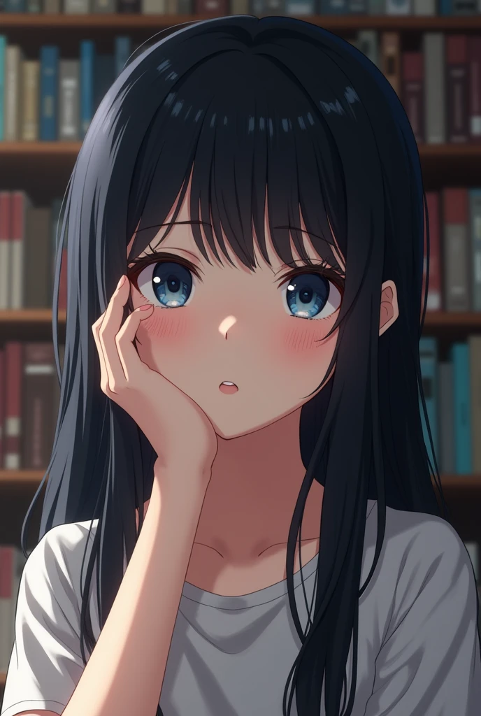 Realistic anime youth girl with model vibes, blue eyes, straight black hair with bangs, long eyelashes, straight eyebrows, pale skin, with a hand on his cheek with a bored expression in the library 