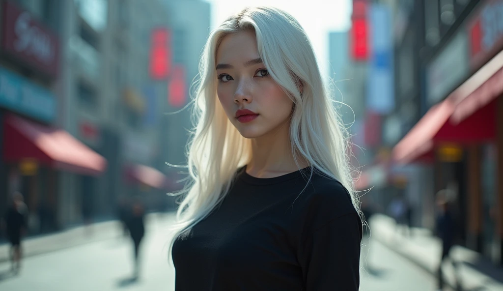 (photorealism:1.2), beautiful woman, white long hair, ((4K works))、masterpiece、(top-quality)、((high-level image quality))、((one beautiful women))、Slim body、((Black Y-shirt Fashion))、(Detailed beautiful eyes)、Fantastic city background、((Face similar to Scarlett Johansson))、((length hair))、((bright silver hair))、((Smaller face))、((Neutral face))、((Light blue eyes))、((Korean Women))、((18year old))、((Wild Lady))、((Glaring at him with a savage look))、((Korean makeup with black eyeshadow))、((elongated and sharp eyes))、((Shot alone))、((Fallen Angel))、((Fallen Angel Woman))、Photos of fallen angels、Villaastic photos))、Photographed so that the whole body can be seen
INFO