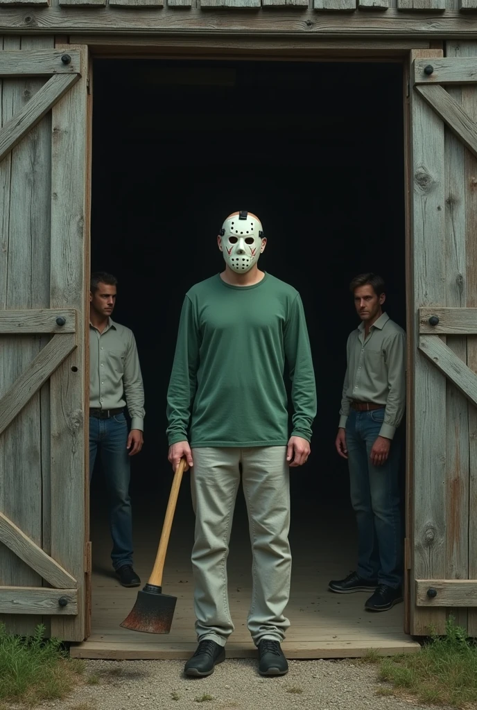 Full view of a typical American wooden barn with a 1 year old bald man.90 tall man in the entrance wearing a white hockey mask with some holes in the cheeks, green long sleeve shirt, light grey cloth pants and black shoes, and in his hands he carries an axe while he watches another man dressed in a light shirt and jeans