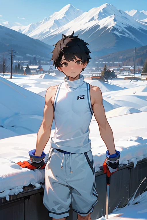 Snowy mountains in the background、An standing wearing a tight white Y-back tank top