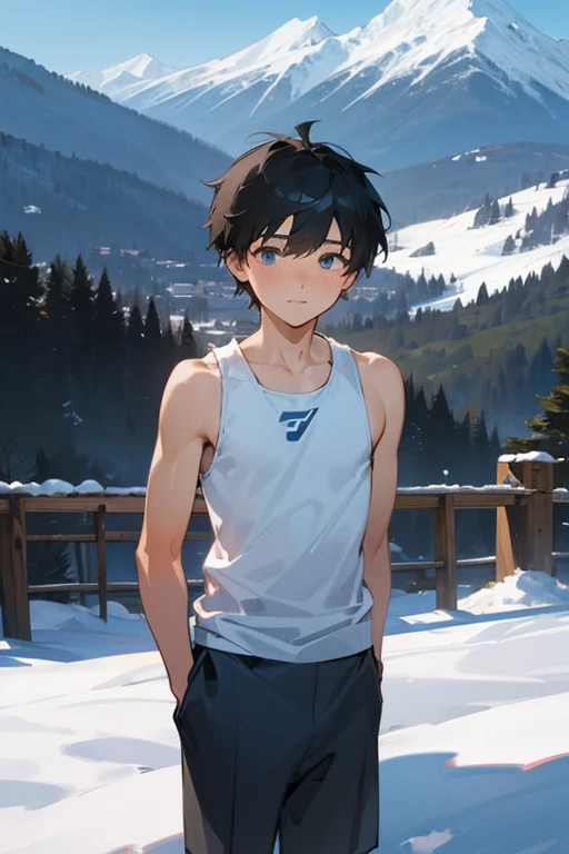 Snowy mountains in the background、An elementary school boy standing wearing a tight white Y-back tank top