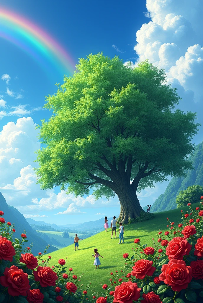 There's supposed to have a green tree, red roses, that blooms. Skies are blue and clouds are white and there's a rainbow, there some people, make it a landscape