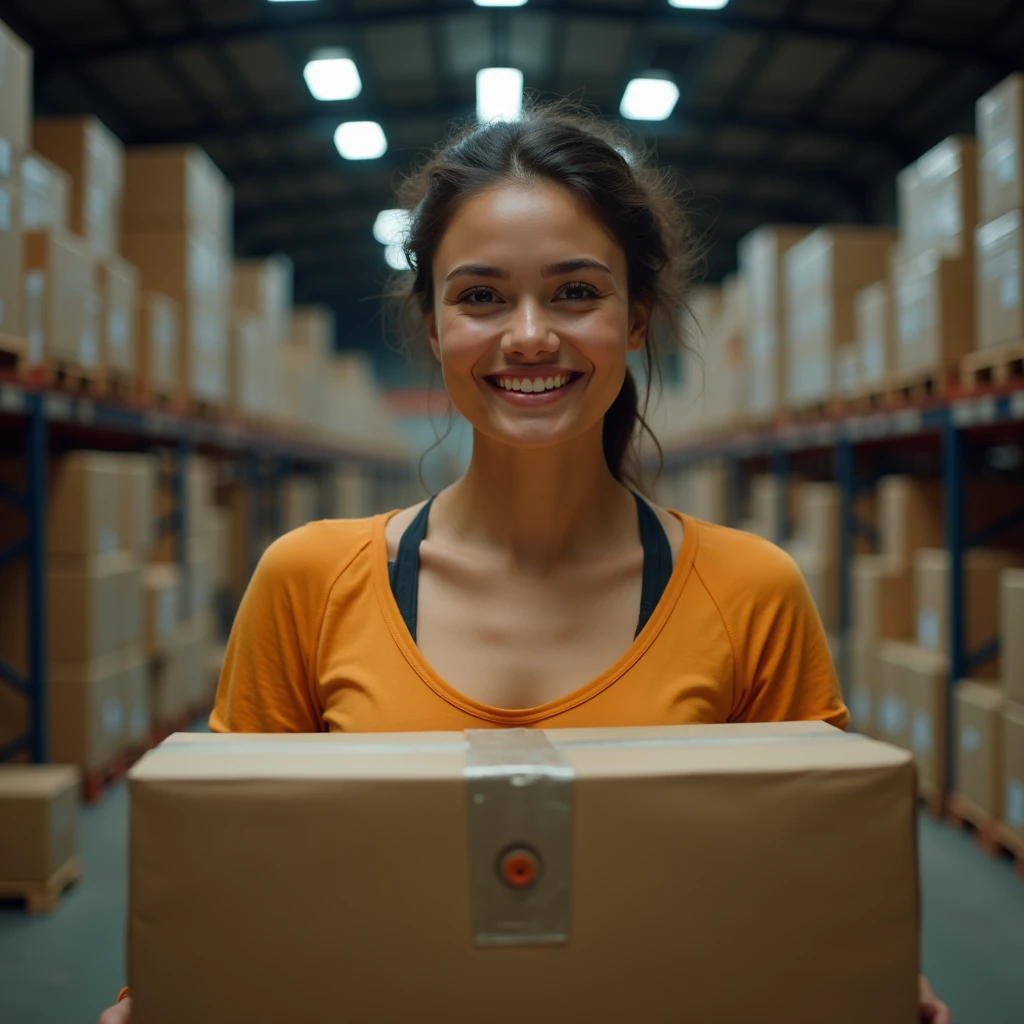 a woman(lifting big boxes with hands),in warehouse, (looking at the cameraman, gentle smile, glowing eyes, sparkling eyes, smile, light smile, Wide-Angle, Fujifilm, Wide-Angle, Fujifilm, masterpiece, accurate, super detail, high details, high quality, best quality, highres, HD, 4K, masterpiece, accurate,, super detail, high details, high quality, best quality, highres, HD, 4K