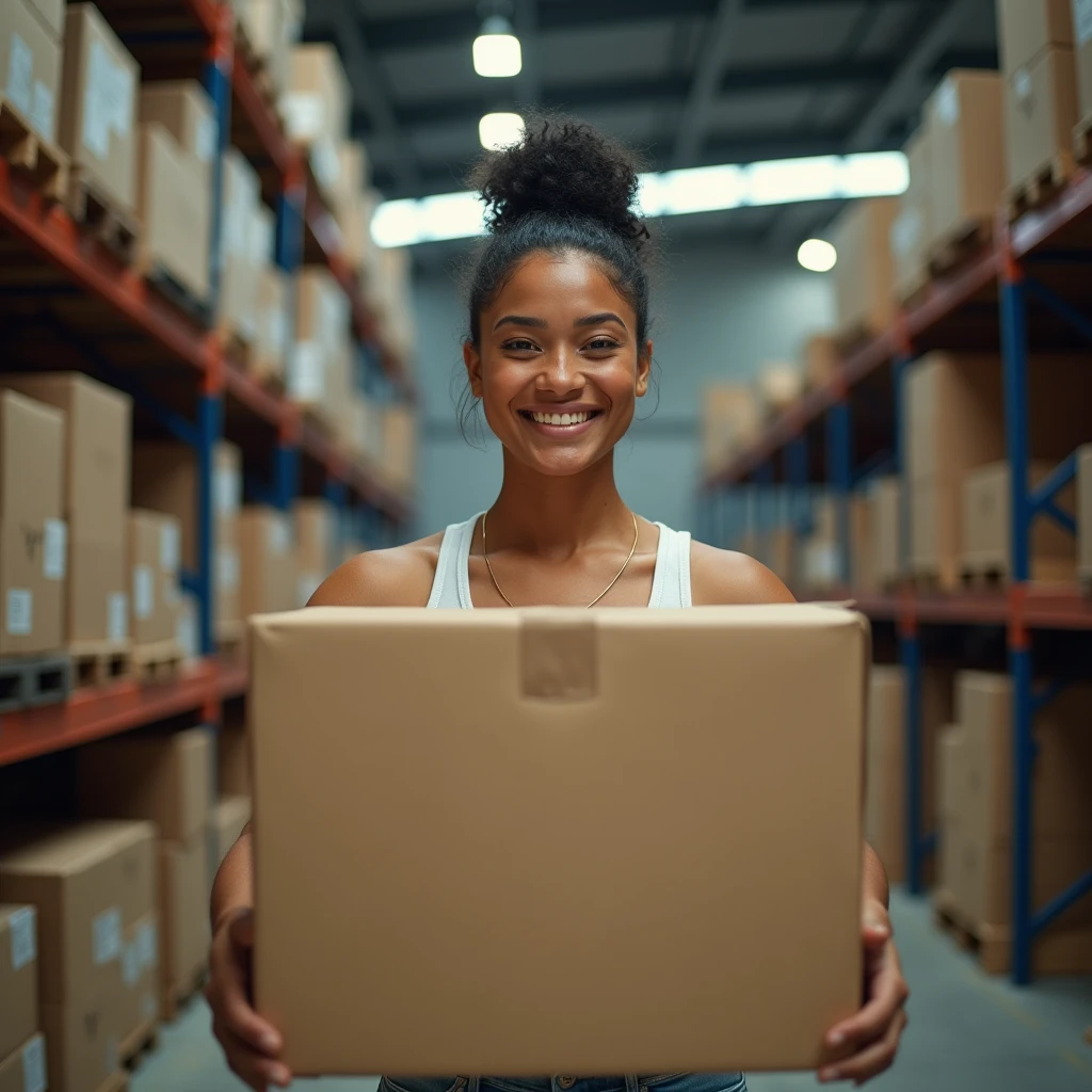 a woman(lifting big boxes with hands),in warehouse, (looking at the cameraman, gentle smile, glowing eyes, sparkling eyes, smile, light smile, Wide-Angle, Fujifilm, Wide-Angle, Fujifilm, masterpiece, accurate, super detail, high details, high quality, best quality, highres, HD, 4K, masterpiece, accurate,, super detail, high details, high quality, best quality, highres, HD, 4K