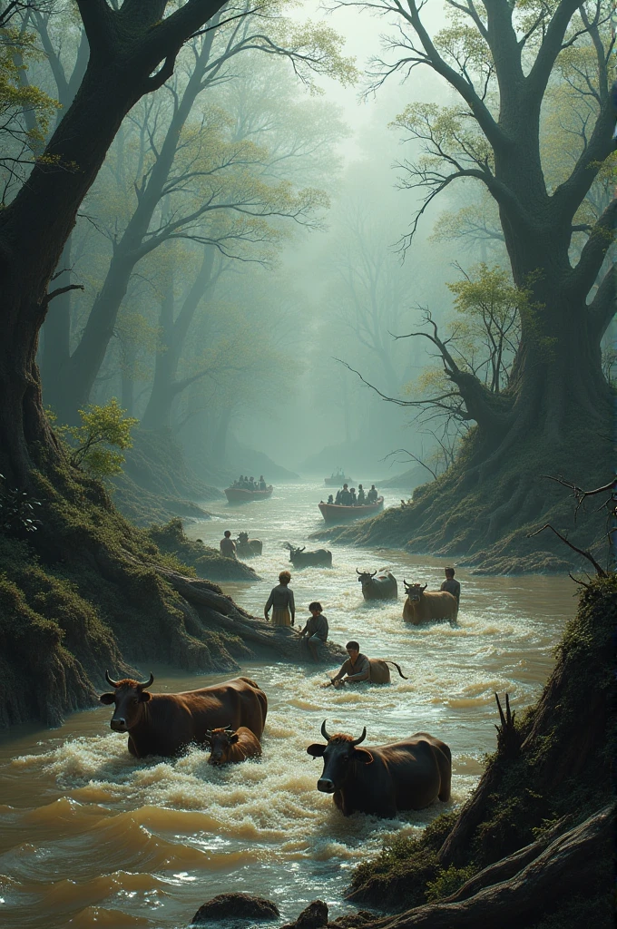 In the flood water, cows, people, big trees, everything is floating. And some boats are moving in the river.