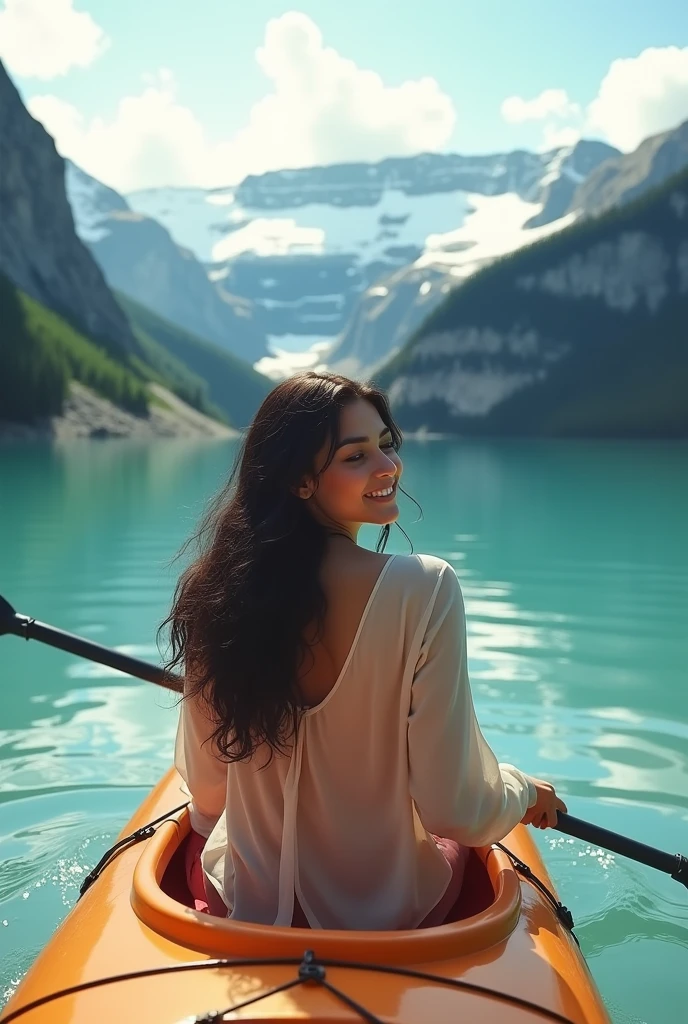 (Best quality, Ultra detailed, Golden ratio, Masterpiece:1.4), Analog photograph: 1.2, Hyperrealistic: 1.3, Kayaking on a serene lake under the warm, sunny weather, surrounded by towering mountains and crystal clear blue water. The woman, identified as 'krrrsty', captures a moment of adventurous peace, her long sleeves billowing in the gentle breeze. She flashes a captivating smile, her black or brown hair cascading over her shoulders in loose curls, adding to her striking beauty. The photograph, reminiscent of a professional fashion photoshoot, trends on ArtStation, showcasing a modern