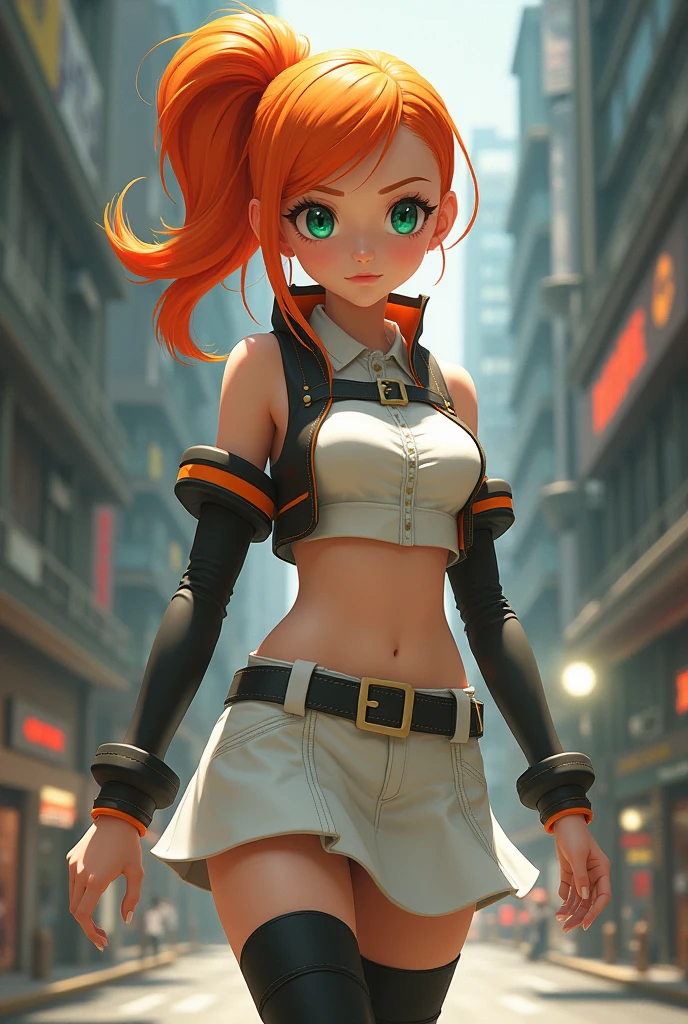 Wallpaper,masterpiece,High resolution,8K,Detailed anatomy
(Misty_Pokemon)( 18-year-old girl)
(Orange Hair,one side up hair,Big green eyes, expression cute)
(rocket,team rocket uniform, red letter R, white skirt,white crop top,black thigh-highs