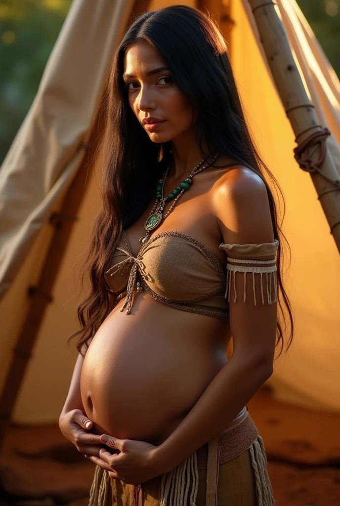 A stunning portrait of Pocohontas, She is pregnant, holding her belly, young and beautiful, hyper realistic, real portrait, backlit, exquisite features, cleavage, sexy, seductive, teepee, natural light, soft light, nine months pregnant, large belly, embodiment of love, bare belly