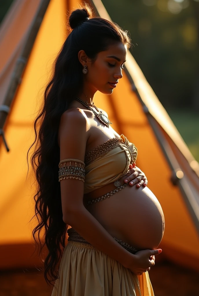 A stunning portrait of Pocohontas, She is pregnant, holding her belly, young and beautiful, hyper realistic, real portrait, backlit, exquisite features, cleavage, sexy, seductive, teepee, natural light, soft light, nine months pregnant, large belly, embodiment of love, bare belly