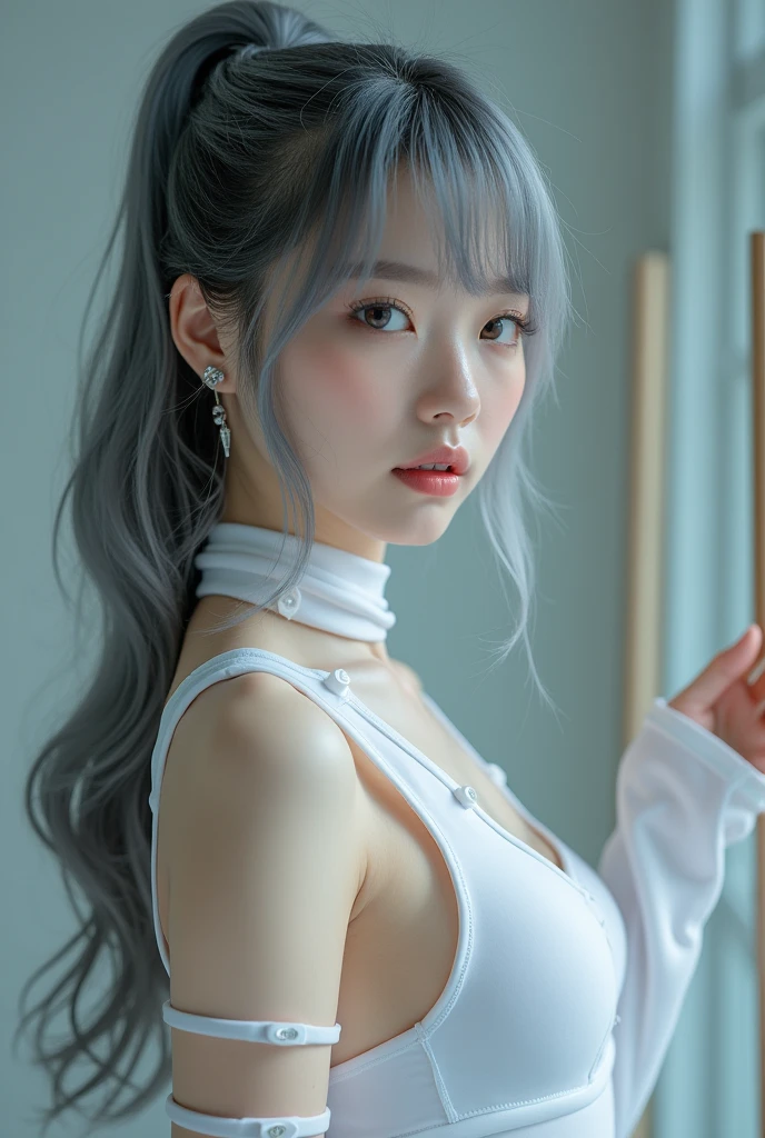 highly detailed, beautiful, hyper Realistic girl, masterpiece, best quality, Depict a mysterious and sophisticated beautiful Japanese gravure model,, 28-years-old, identity hidden, all body shot, / gray arranged hair, small head, Detailed face, Duck mouth, perfect beautiful Tooth, arranged gray hair, shiny eyes, Detailed blue-colored eyes, Realistic skin, Detailed face, Her outfit includes see-through white sports wear with multiple elastic white led harnesses designed underneath, and led hem, adding a minimalist beauty. She accessorizes with futuristic accessories and wears technical sneakers. Her demeanor exudes harmony and striking simplicity., //// Monotone simple modern taste single room, mirror, complicated background /// takes a selfie in her room using a smartphone in front of a mirror with one hand, standing and fashion model Posing, looking away from the camera,
