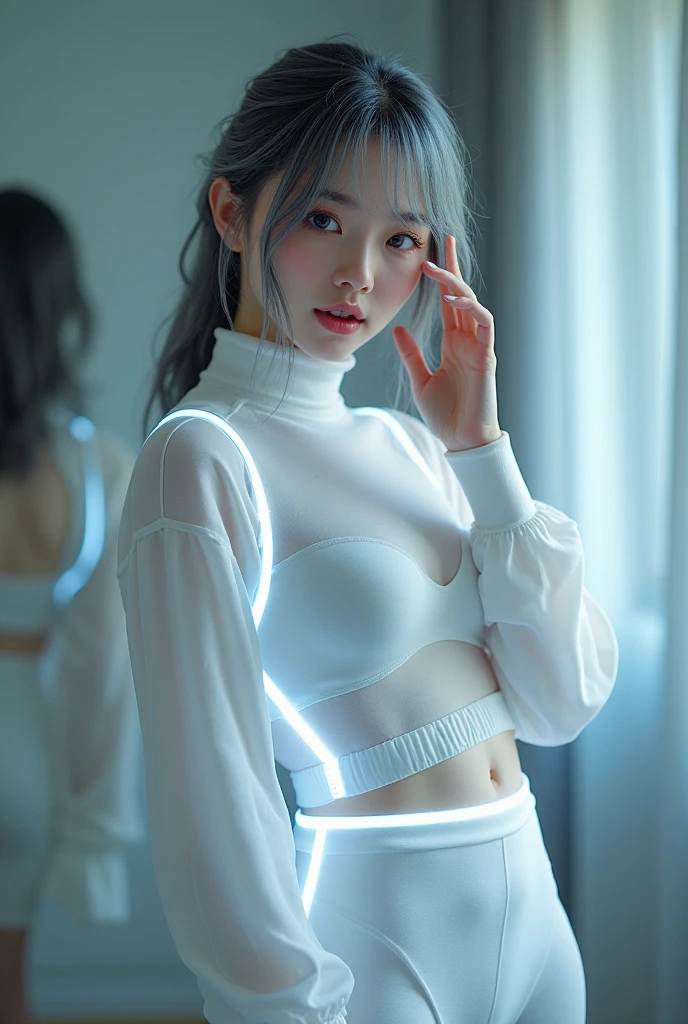 highly detailed, beautiful, hyper Realistic girl, masterpiece, best quality, Depict a mysterious and sophisticated beautiful Japanese gravure model,, 28-years-old, identity hidden, all body shot, / gray arranged hair, small head, Detailed face, Duck mouth, perfect beautiful Tooth, arranged gray hair, shiny eyes, Detailed blue-colored eyes, Realistic skin, Detailed face, Her outfit includes see-through white sports wear with multiple elastic white led harnesses designed underneath, and led hem, adding a minimalist beauty. She accessorizes with futuristic accessories and wears technical sneakers. Her demeanor exudes harmony and striking simplicity., //// Monotone simple modern taste single room, mirror, complicated background /// takes a selfie in her room using a smartphone in front of a mirror with one hand, standing and fashion model Posing, looking away from the camera,
