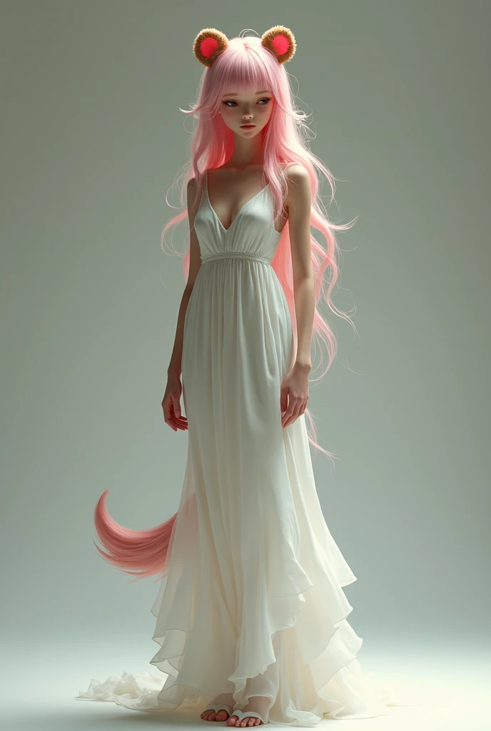 a tall, thin woman, dressed in a long white dress with pink hair and brown bear ears and tail