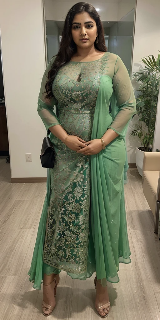 Day scene, A radiant, full-figured South Indian 35 year old aunty a green colour chiffon gown ,standing, in a office captured in a full-body image with vibrant hues and meticulous details. Full body image