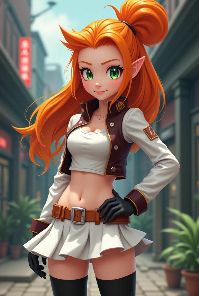 Wallpaper,masterpiece,High resolution,8K,Detailed anatomy
(Misty_Pokemon)( 18-year-old girl)
(Orange Hair,one side up hair,Big green eyes, expression cute)
(rocket,team rocket uniform, red letter R, white skirt,white crop top,black thigh-highs
