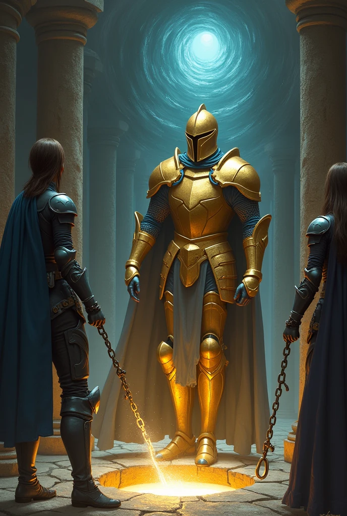 A man in gold armor is sucked into an extra-dimensional rift that leads to an abyss.。The man's lower body is swallowed and cannot be seen.、I am holding on to the chains tied to the pillar.。A female knight in blue armor is watching carefully.。