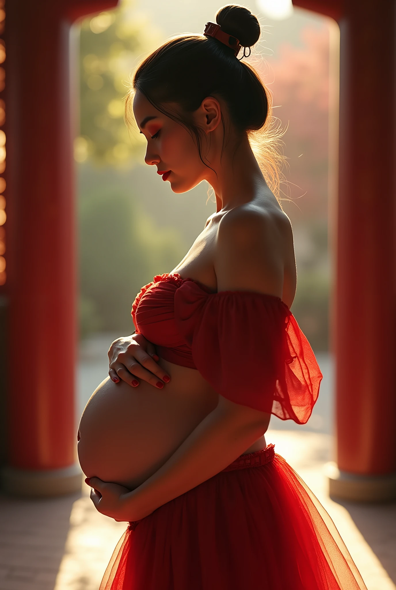 A stunning portrait of mulan, She is pregnant, holding her belly, young and beautiful, hyper realistic, real portrait, backlit, exquisite features, cleavage, sexy, seductive, Chinese temple, natural light, soft light, nine months pregnant, large belly, embodiment of love, bare belly