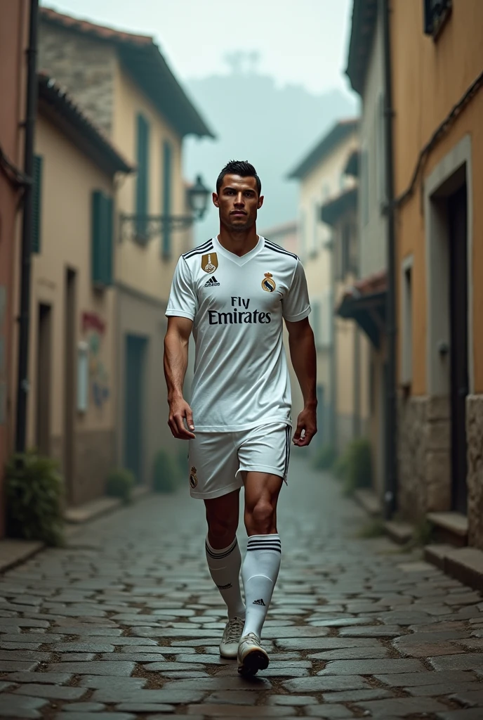 Ronaldo, wearing his Real Madrid jersey, walks through a rustic old village with cobblestone streets, surrounded by ancient houses with faded walls. The atmosphere is mysterious, with a slight fog and an overcast sky in dall e-3 style