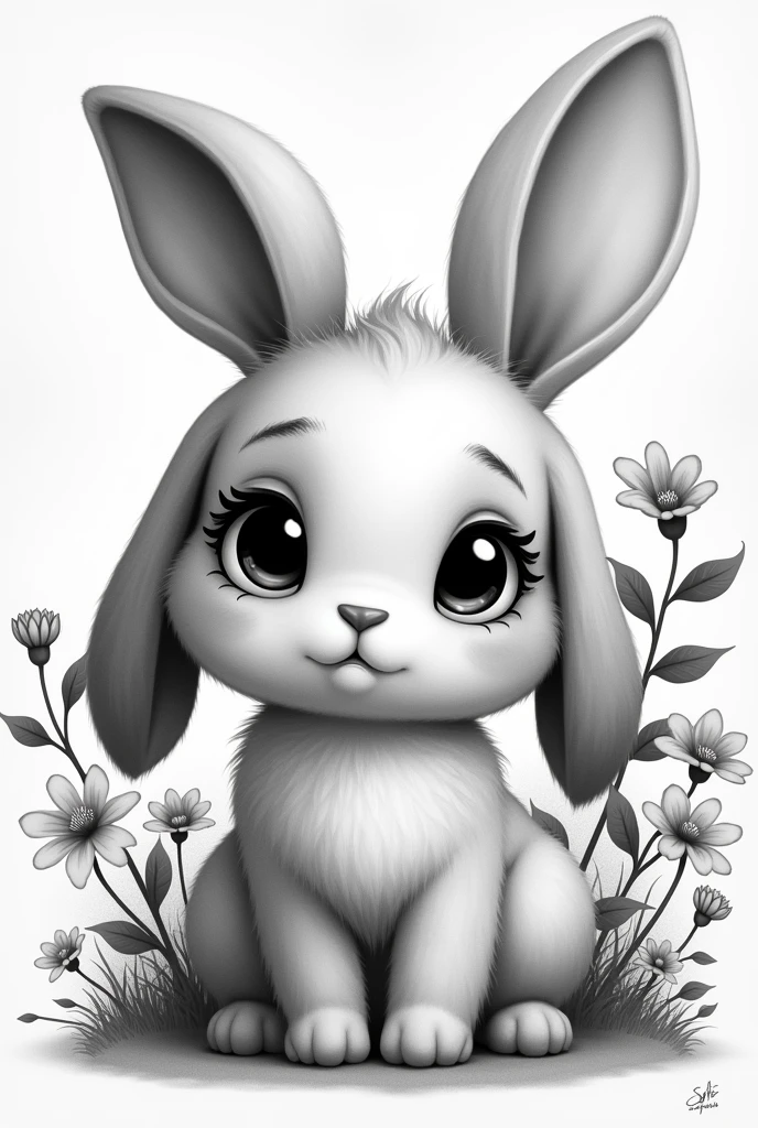 Cute rabbit design cool flower Black and white drooping ears